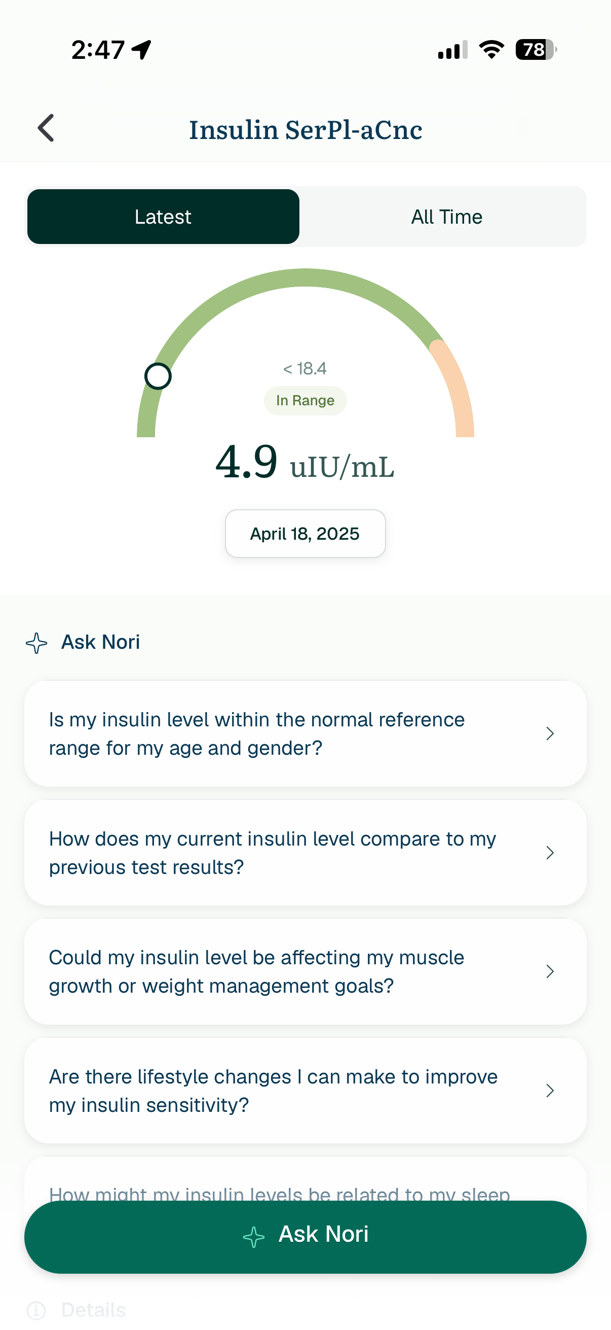 Lab results showing insulin level with Ask Nori questions